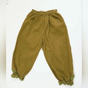 Bear Girl Embroidered Lace Olive Green Corduroy Elastic Pants 26x21